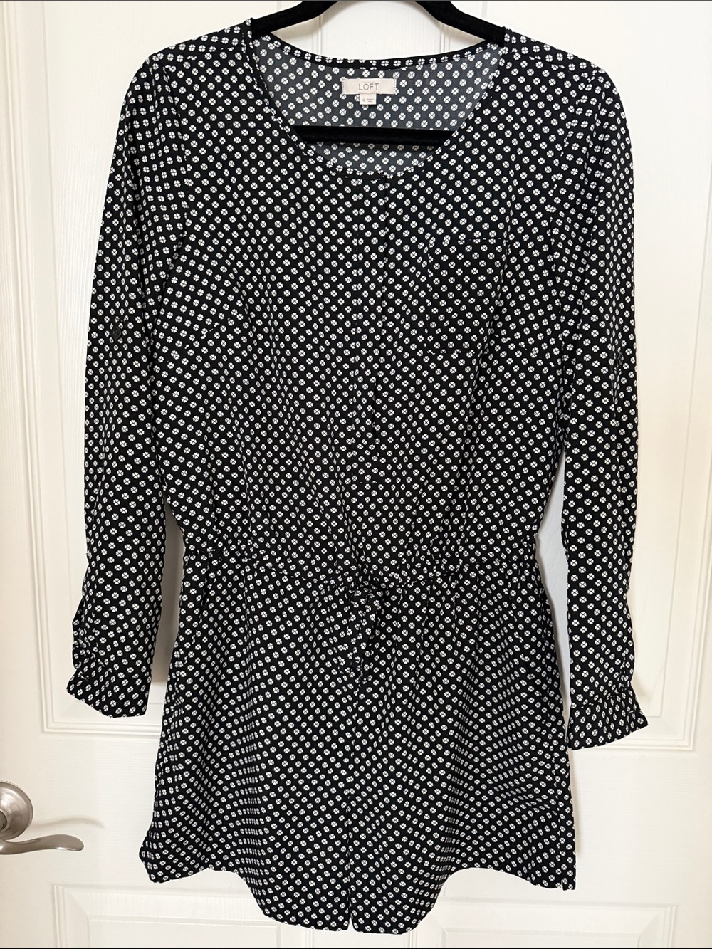 LOFT Black and White Geometric Long-Sleeve Romper